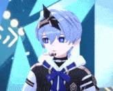 a blue haired anime character with a headband on