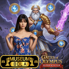 a poster for gates of olympus super scatter showing a woman and a man