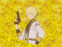 a girl with red hair is holding a gun in front of a yellow tape that says keep out