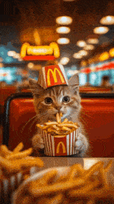 a cat wearing a mcdonald 's hat is holding a bag of french fries
