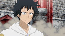 a cartoon character with a white hoodie and black hair