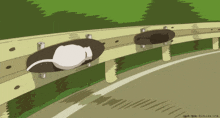 a cartoon drawing of a cat laying on a railing with the letters cg on the bottom right