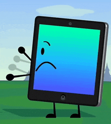 a cartoon tablet with a sad face on the screen