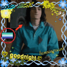a picture of a man in a blue jacket says good night homosexual