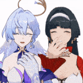 two anime girls are standing next to each other and one is covering her mouth with her hand