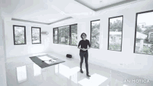 a man in a black shirt is standing in an empty room with lots of windows made by animatica