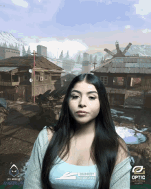 a woman stands in front of a call of duty league poster