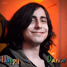 a young man with long hair is smiling with the words happy dance written below him