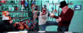a man wearing a mask is kicking another man 's leg