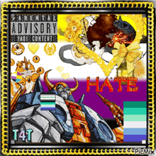 a picture of a robot with a parental advisory label on it