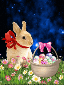 a bunny with a red bow around its neck sits next to an easter basket filled with eggs