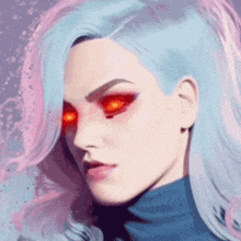 a woman with blue hair has red eyes