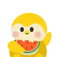 a yellow penguin is holding a slice of watermelon