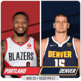 a poster for a basketball game between the blazers and denver nuggets