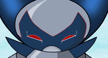 a cartoon drawing of a robot with red eyes and a blue helmet