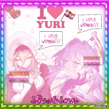 a picture of two girls with the words i love yuri