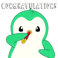 a cartoon of a penguin blowing a horn with the words congratulations written above it