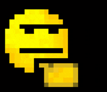 a pixel art illustration of a yellow smiley face with sunglasses