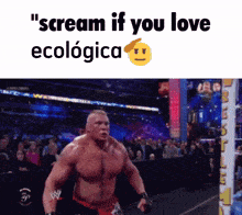 a man in a wrestling ring with the words " scream if you love ecologica " above him