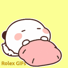 a cartoon of a panda laying under a pink blanket with the words rolex gifs below it