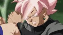 a close up of a cartoon character with pink hair and a black shirt .