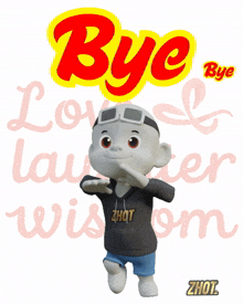 a cartoon character is standing in front of a sign that says " bye "