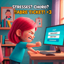 a cartoon girl is crying while looking at a computer screen