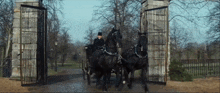 a man in a top hat drives a horse drawn carriage through a gate