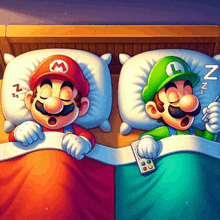 mario and luigi are sleeping next to each other on a bed