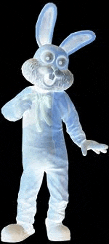 a ghostly rabbit mascot is standing on a black background .