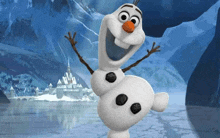a snowman is standing in front of a castle in the background