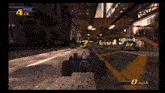 a video game screen shows a race car driving down a city street with a speed limit of 0 mph