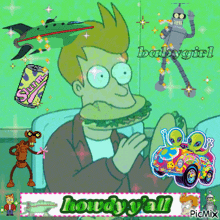 a cartoon of a man eating a sandwich with the words howdy y'all at the top
