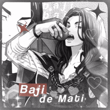 a black and white drawing of a man with the name baju de mati on the bottom