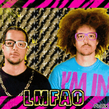 two men wearing glasses and a blue shirt with the word lmfao on it