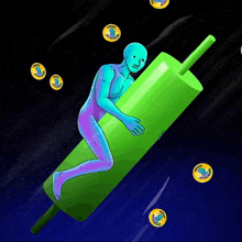 a cartoon drawing of a man holding a green cylinder with a coin that says ' a ' on it