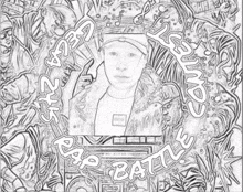 a black and white drawing of a man with the words rap battle in the corner