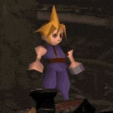 a cartoon character with a mohawk and purple pants is standing in a dark room .