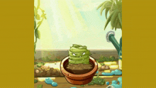 a cartoon drawing of a plant in a pot with a watering can in the background