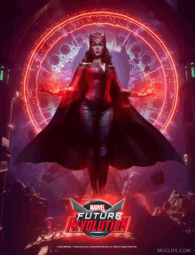 a poster for marvel future revolution shows scarlet witch in a red cape