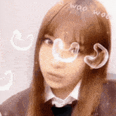 a girl with bubbles coming out of her hair and the word woo written on her forehead
