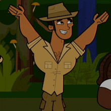 a cartoon character wearing a hat and a tan shirt is smiling