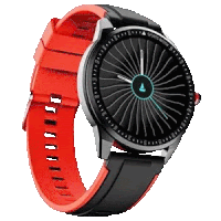 a smart watch with a red and black band and a black face .