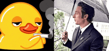 a man in a suit holds an umbrella next to a duck smoking a cigarette