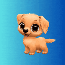 a cartoon dog with a blue background is smiling and looking at the camera
