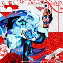 a picture of a cartoon character holding a bottle of harnas