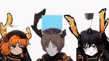 a group of three anime characters standing next to each other with a box on their head .