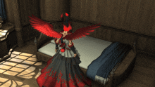 a woman in a red and black dress with red wings is standing in front of a bed