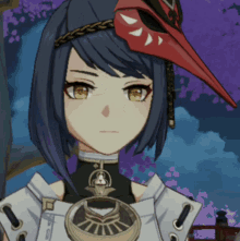 a close up of a cartoon character with a red mask on her head