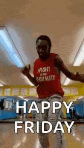 a man is dancing in a gym with the words `` happy friday '' written on it .